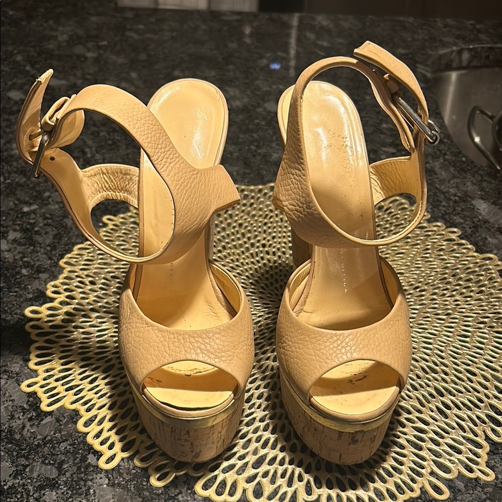 Vero Cucio Tan Platform Sandals with Stiletto Heel and Ankle Strap